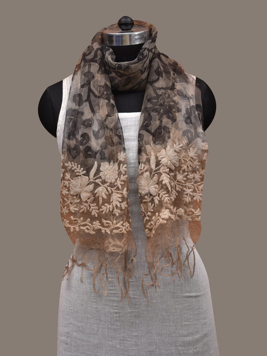 Cream and Black Kalamkari Hand Painted Organza Silk Stole with Floral and Embroidary Design ds2893