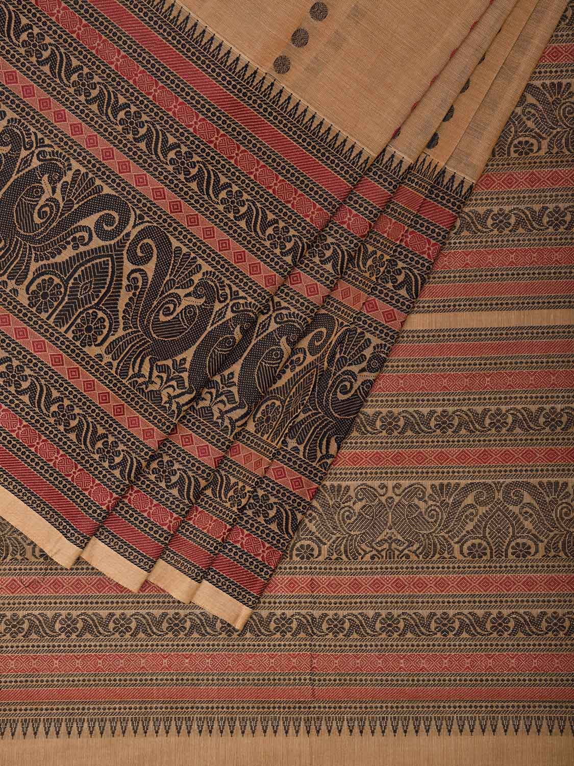 Cream and Black Kanchipuram Cotton Saree with Pallu and Big Border Design k0756