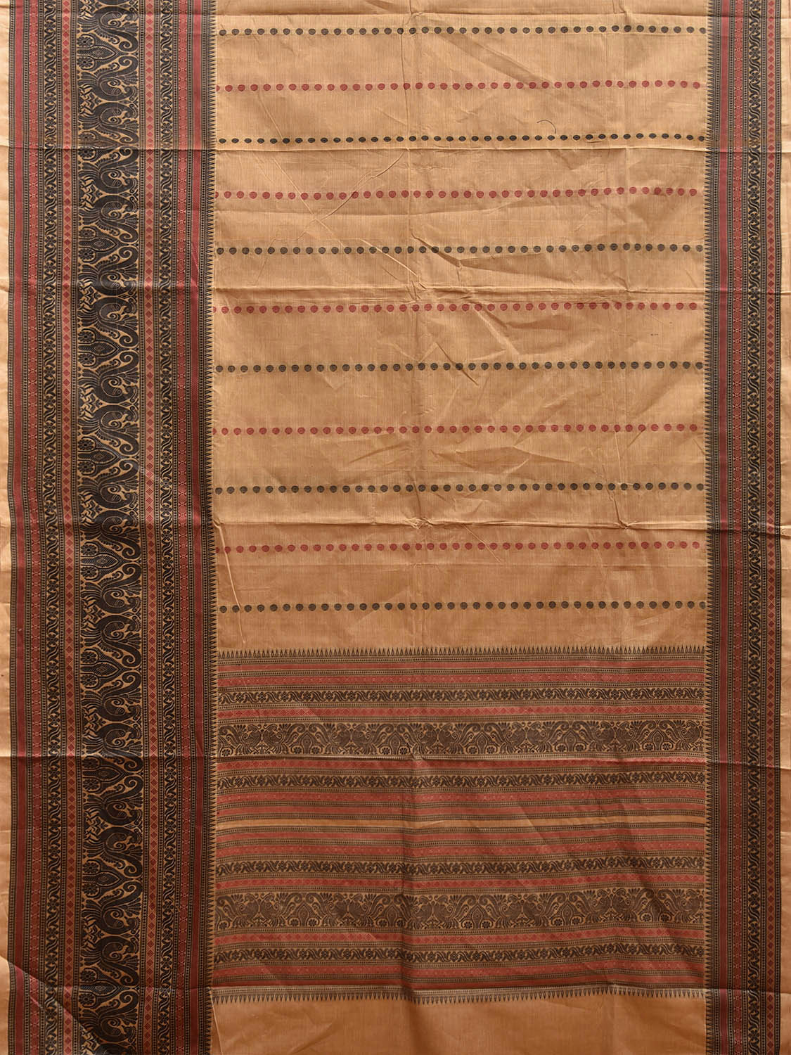 Cream and Black Kanchipuram Cotton Saree with Pallu and Big Border Design k0756