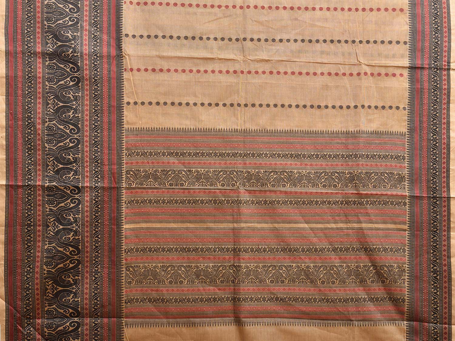 Cream and Black Kanchipuram Cotton Saree with Pallu and Big Border Design k0756