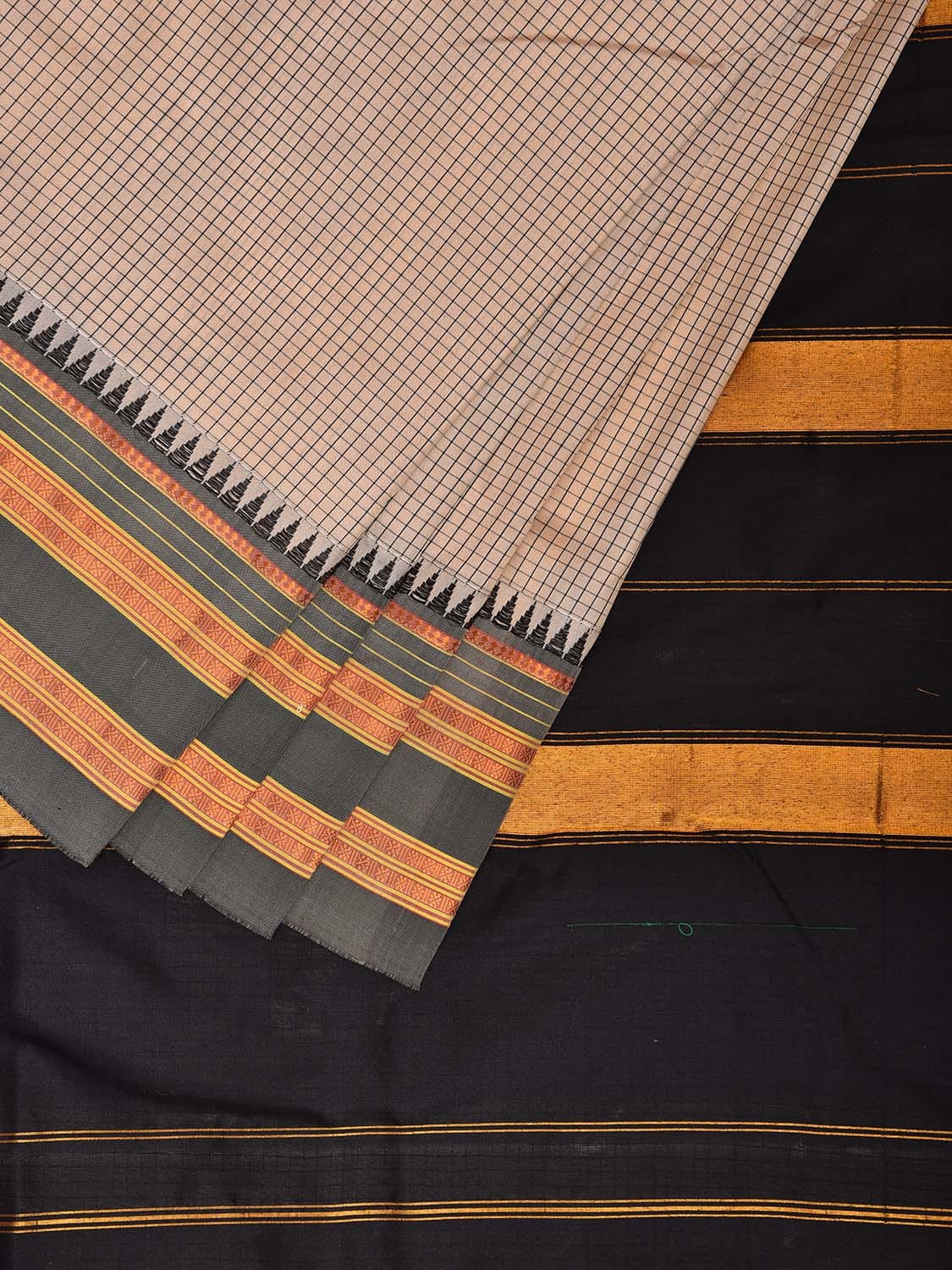 Cream and Black Narayanpet Silk Handloom Saree with Checks Design No Blouse np1108