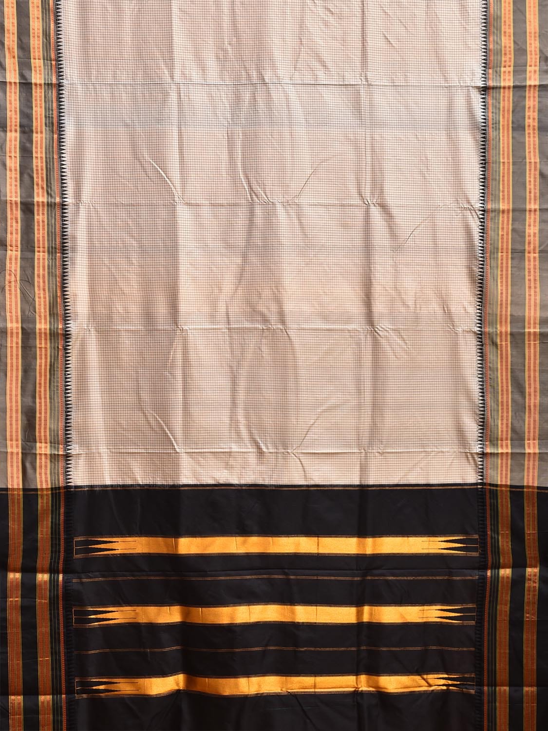 Cream and Black Narayanpet Silk Handloom Saree with Checks Design No Blouse np1108