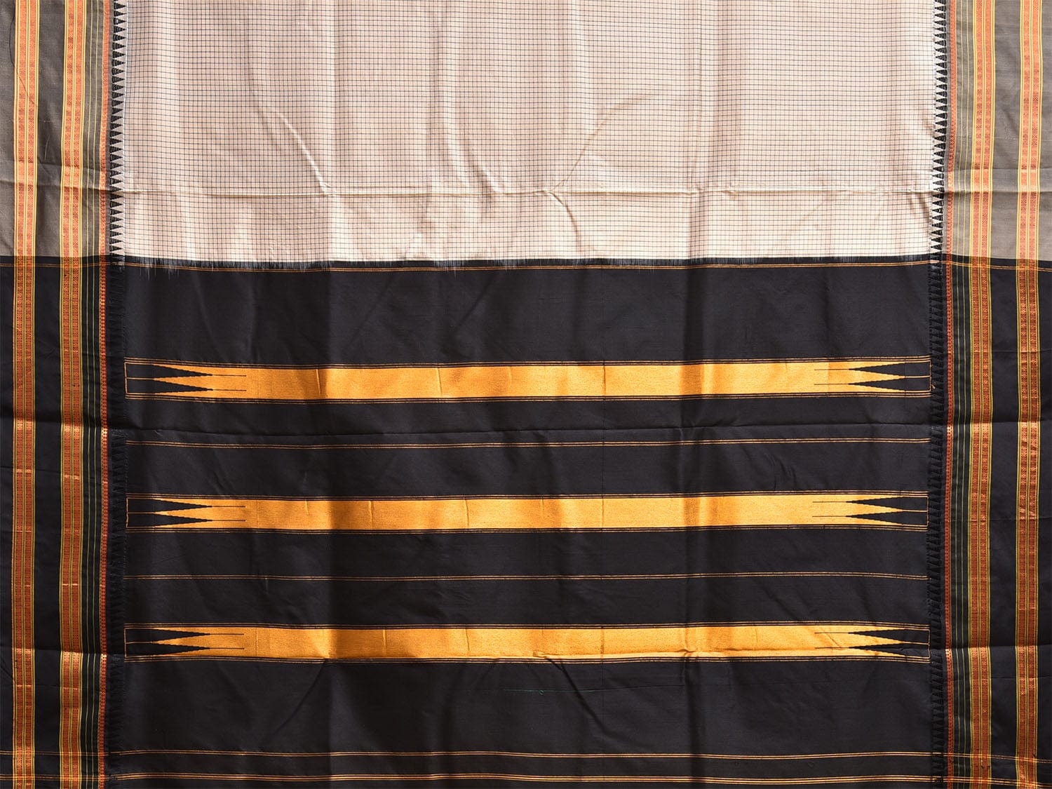 Cream and Black Narayanpet Silk Handloom Saree with Checks Design No Blouse np1108