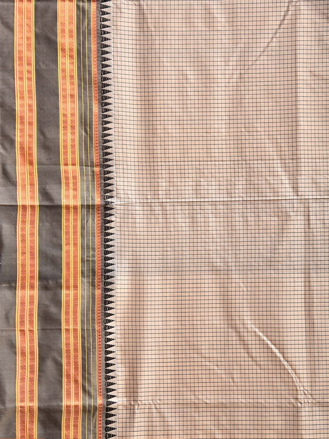 Cream and Black Narayanpet Silk Handloom Saree with Checks Design No Blouse np1108