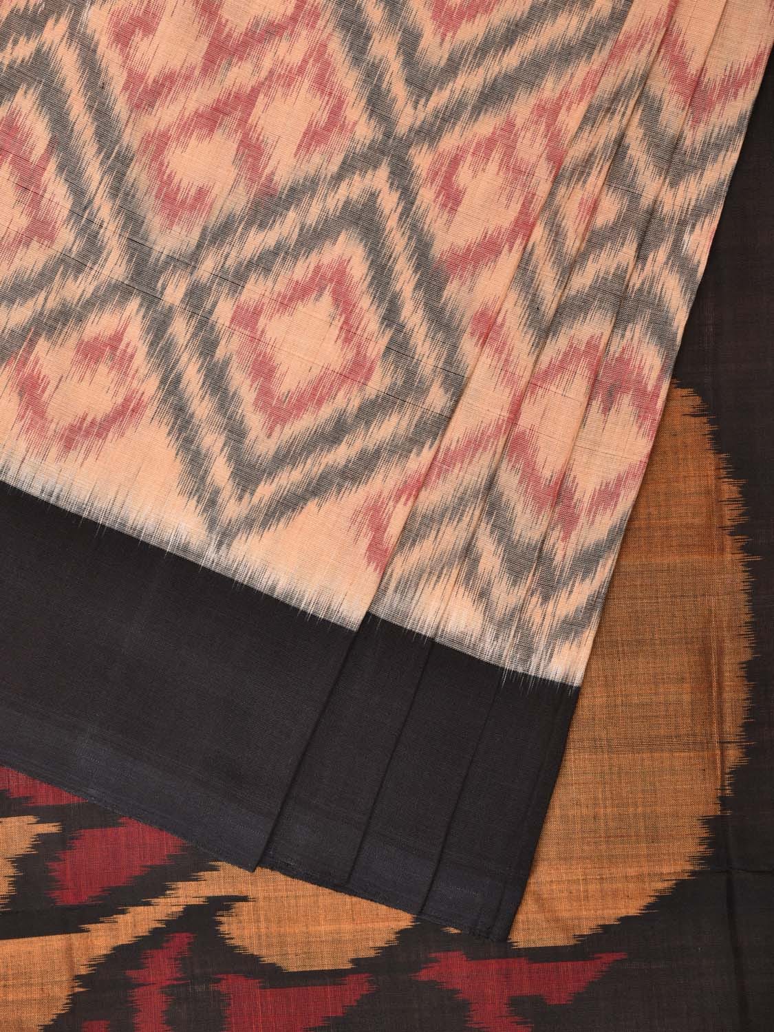 Cream and Black Pochampally Ikat Cotton Handloom Saree with All Over Grill and Peacock Pallu Design i0789