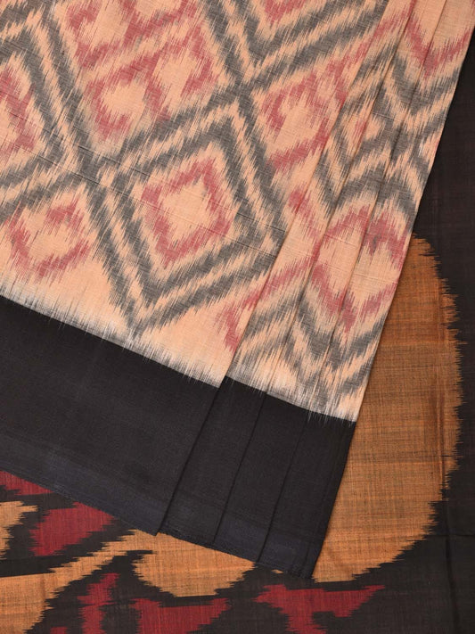 Cream and Black Pochampally Ikat Cotton Handloom Saree with All Over Grill and Peacock Pallu Design i0789