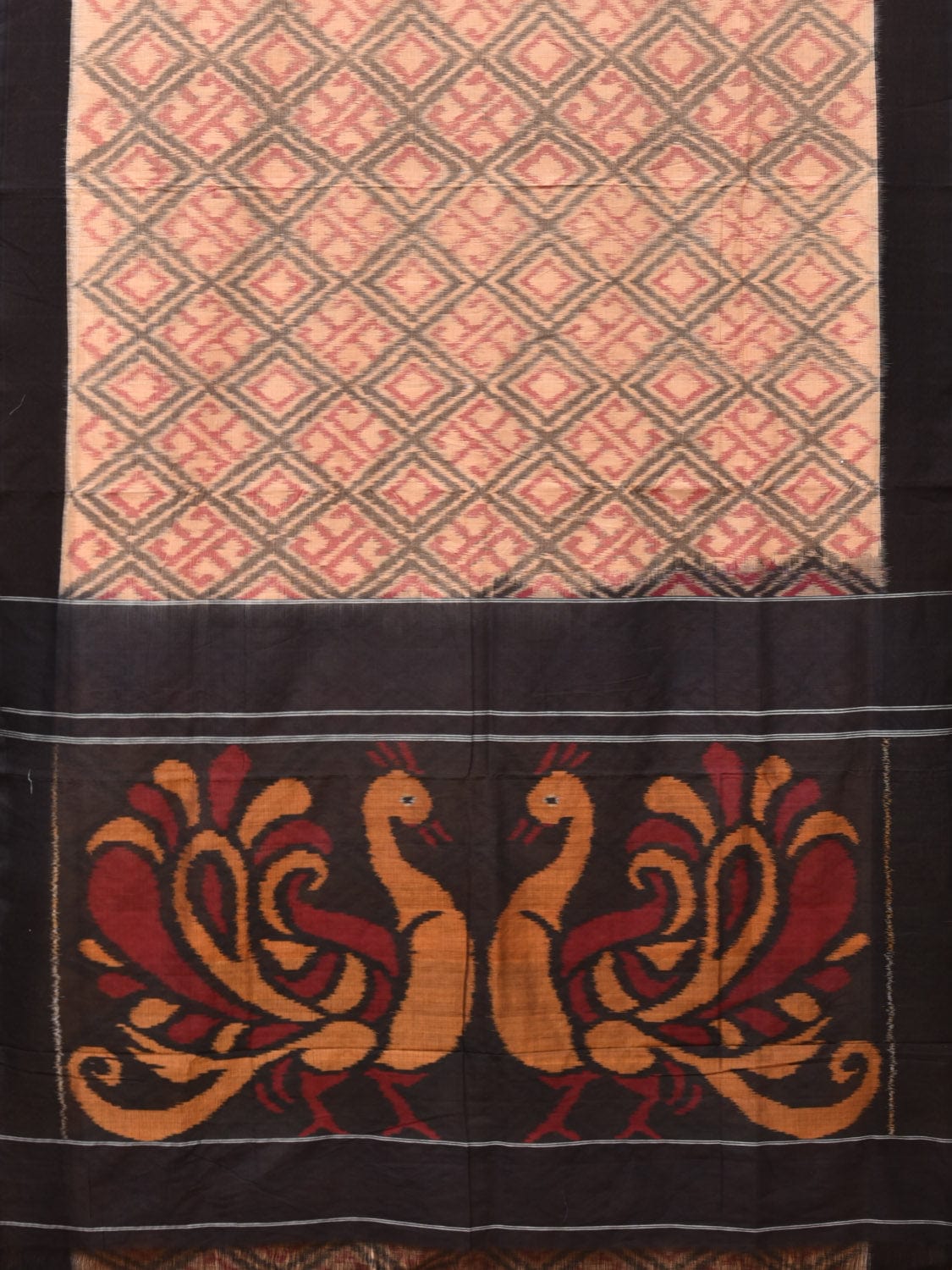 Cream and Black Pochampally Ikat Cotton Handloom Saree with All Over Grill and Peacock Pallu Design i0789