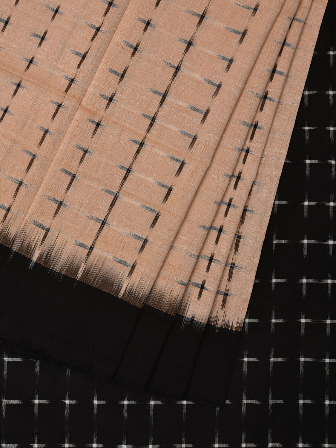 Cream and Black Pochampally Ikat Cotton Handloom Saree with Plus Buta Design i0695