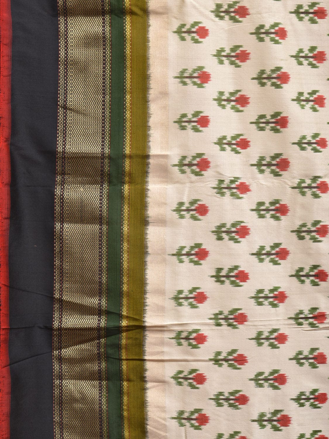 Cream and Black Pochampally Ikat Silk Handloom Saree with Body Buta Design i0859