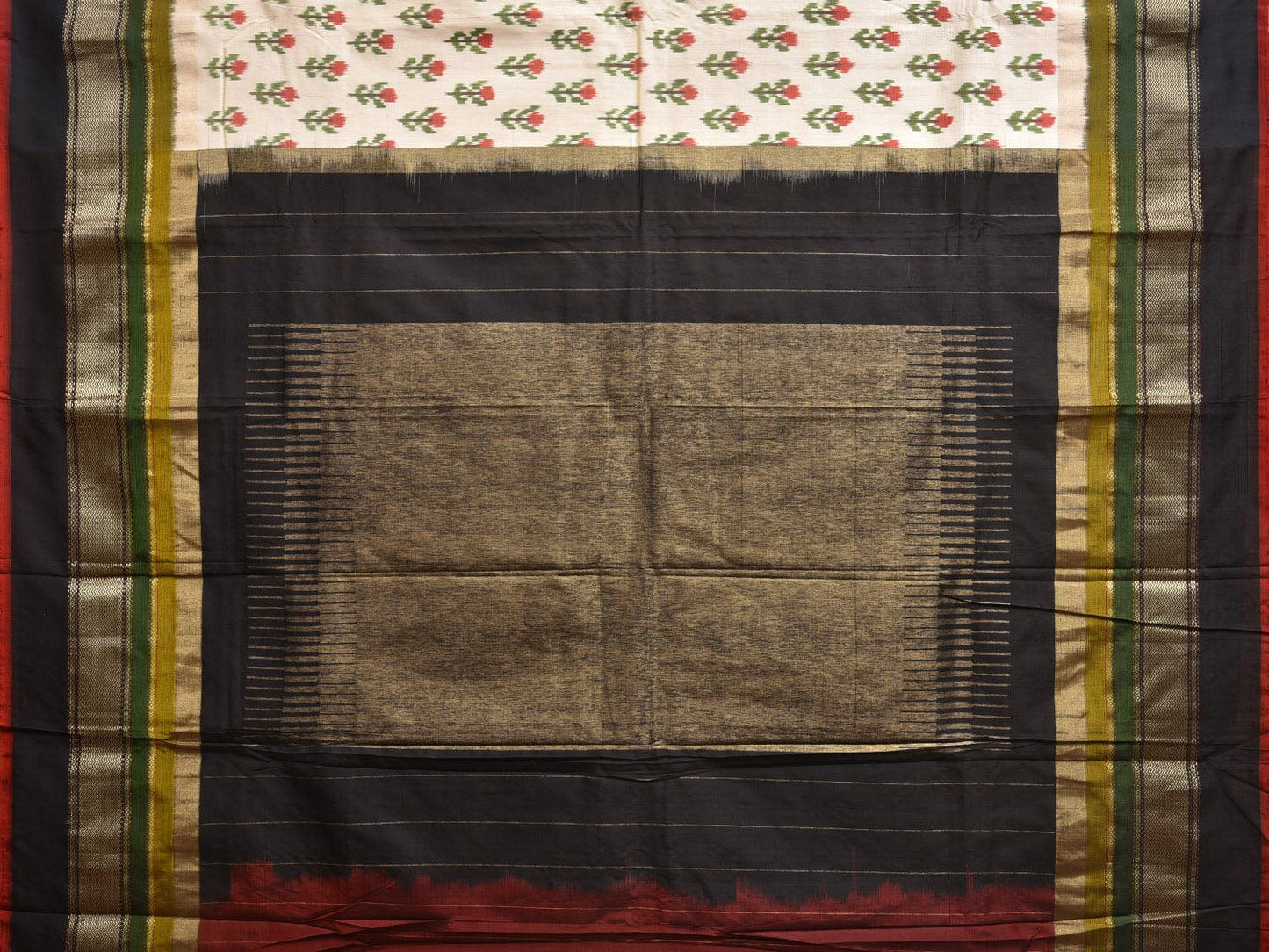 Cream and Black Pochampally Ikat Silk Handloom Saree with Body Buta Design i0859