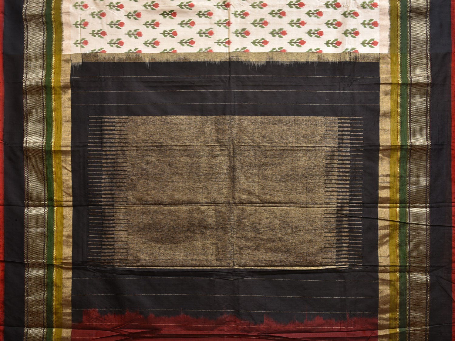 Cream and Black Pochampally Ikat Silk Handloom Saree with Body Buta Design i0859