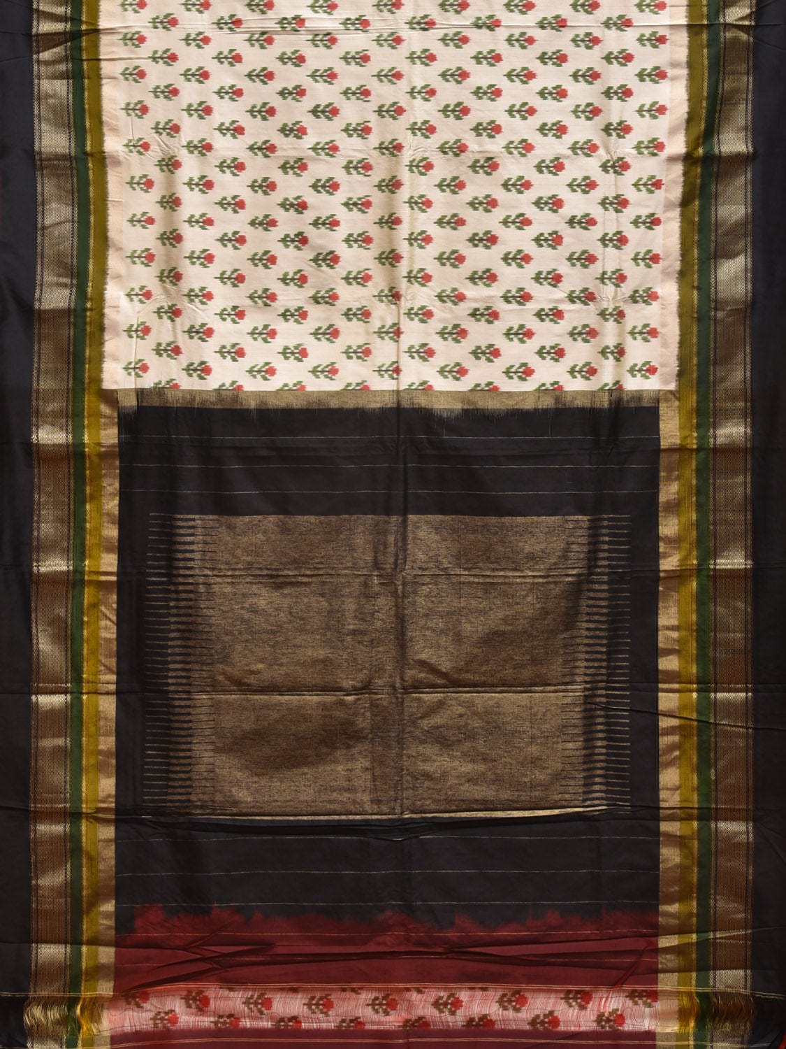 Cream and Black Pochampally Ikat Silk Handloom Saree with Body Buta Design i0859