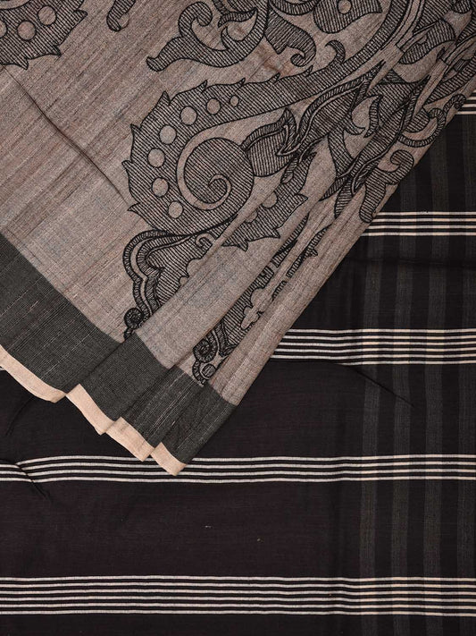 Cream and Black Tussar Saree with Strips Body and Pallu Design o0552