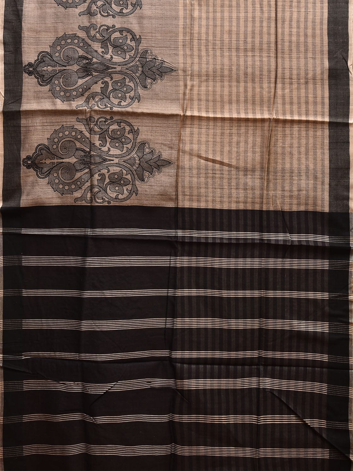 Cream and Black Tussar Saree with Strips Body and Pallu Design o0552