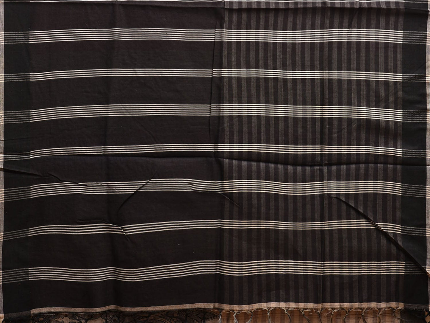 Cream and Black Tussar Saree with Strips Body and Pallu Design o0552