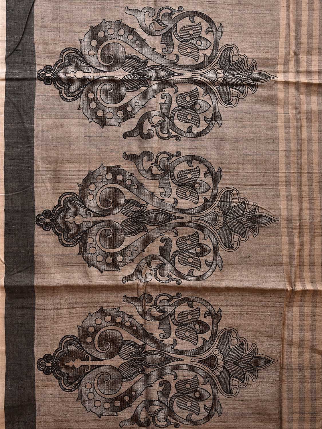 Cream and Black Tussar Saree with Strips Body and Pallu Design o0552