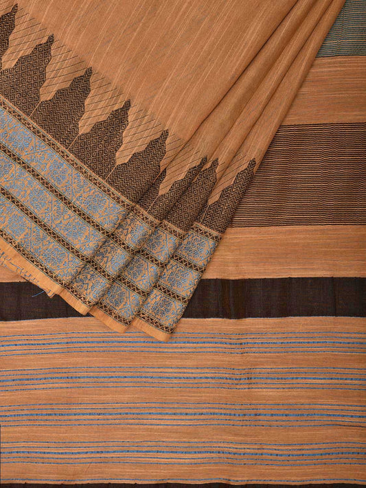 Cream and Black Tussar Saree with Temple Border and Strips Pallu Design o0571
