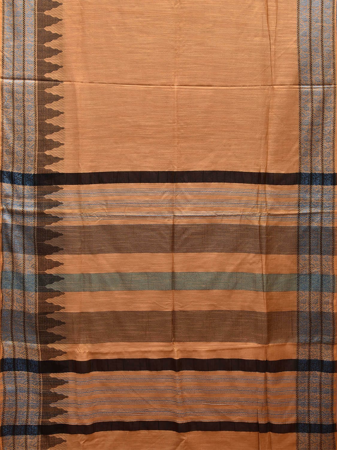 Cream and Black Tussar Saree with Temple Border and Strips Pallu Design o0571