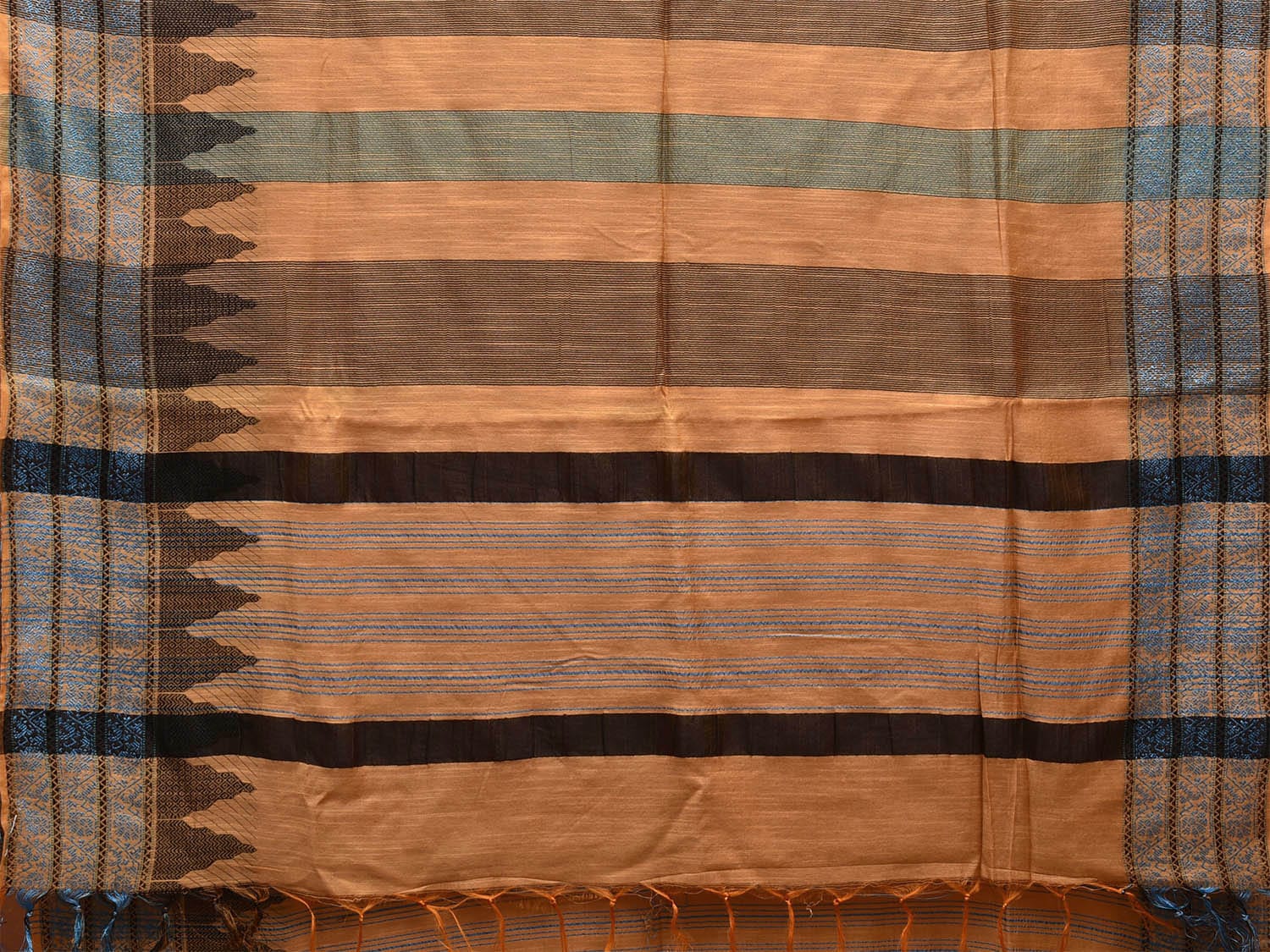 Cream and Black Tussar Saree with Temple Border and Strips Pallu Design o0571