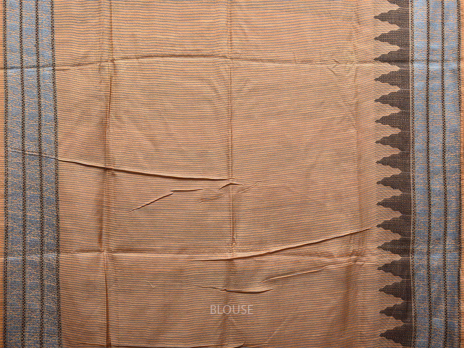 Cream and Black Tussar Saree with Temple Border and Strips Pallu Design o0571
