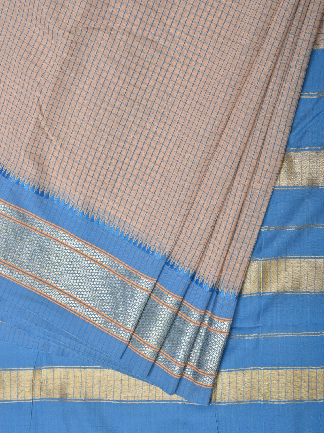 Cream and Blue Bamboo Cotton Saree with Checks Design No Blouse bc0248