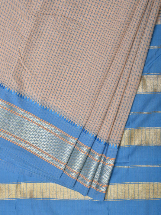 Cream and Blue Bamboo Cotton Saree with Checks Design No Blouse bc0248