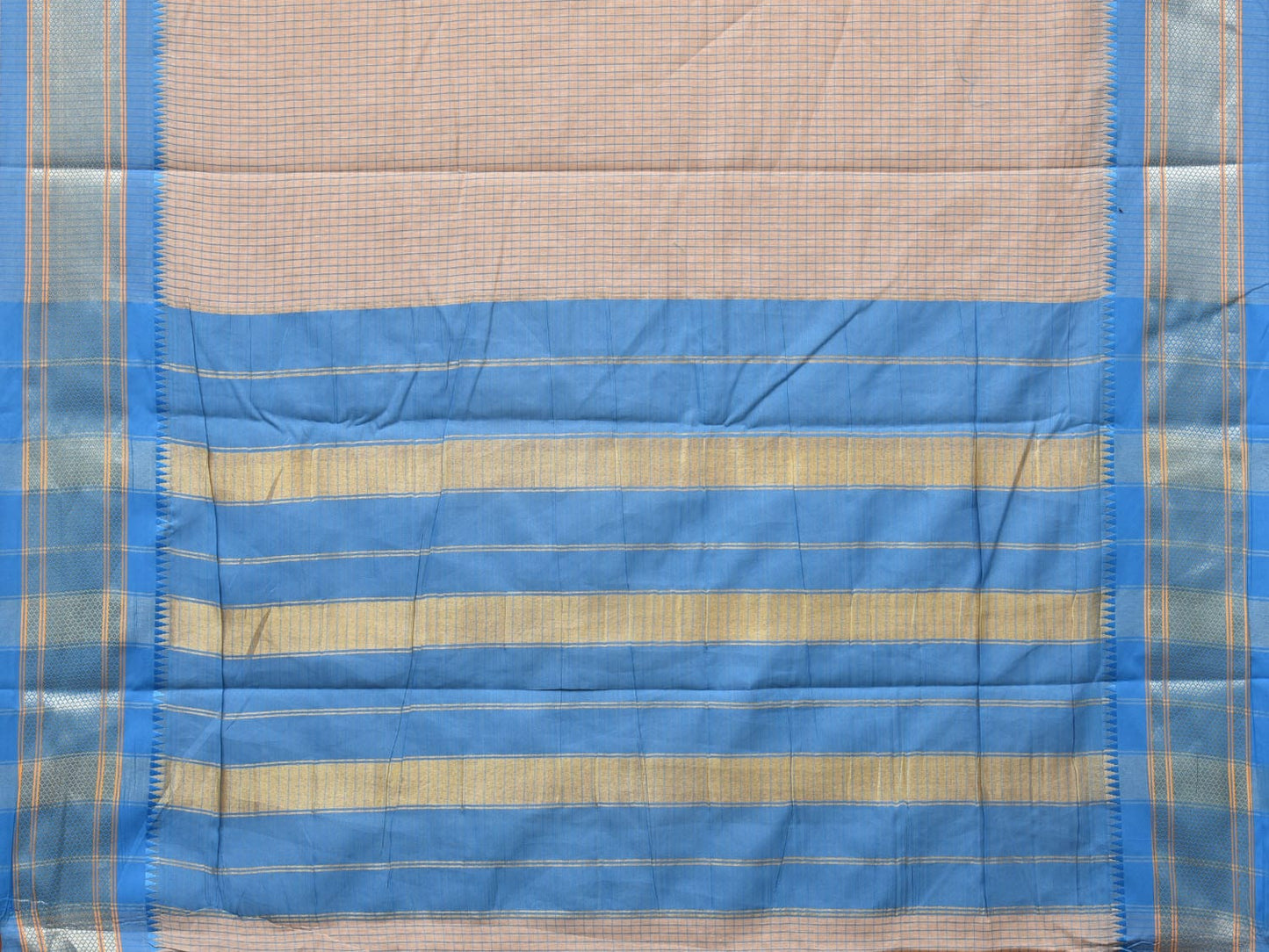 Cream and Blue Bamboo Cotton Saree with Checks Design No Blouse bc0248