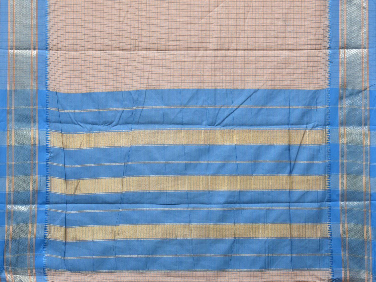 Cream and Blue Bamboo Cotton Saree with Checks Design No Blouse bc0248