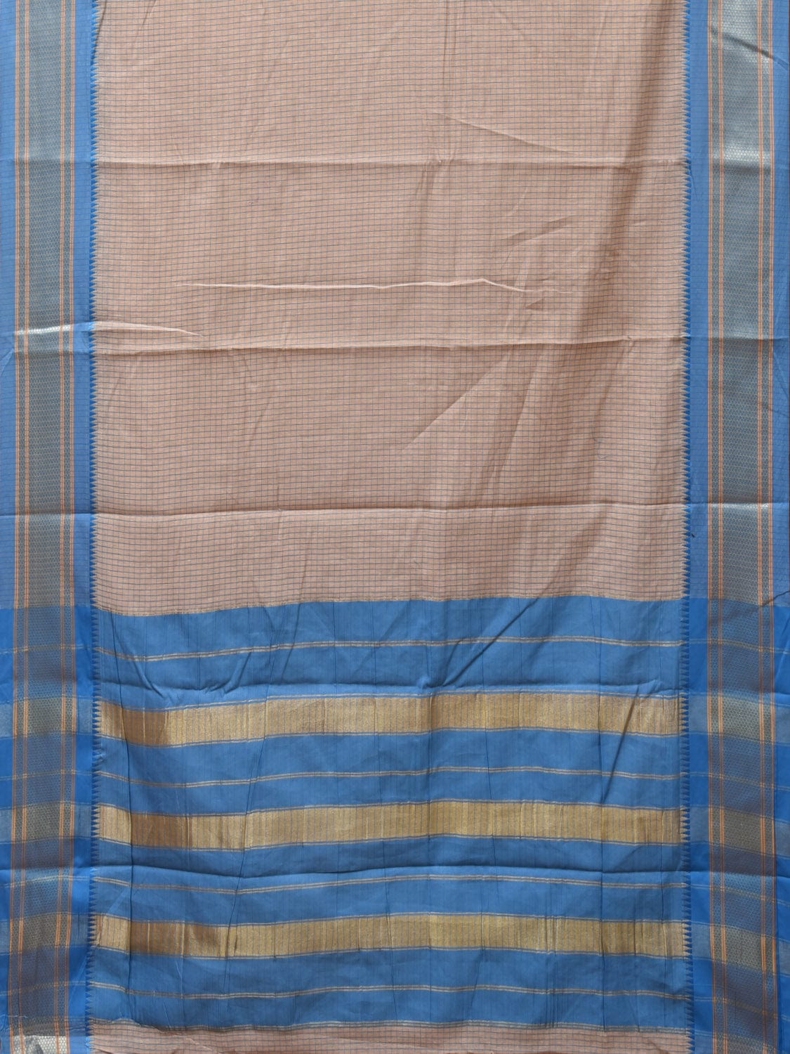 Cream and Blue Bamboo Cotton Saree with Checks Design No Blouse bc0248