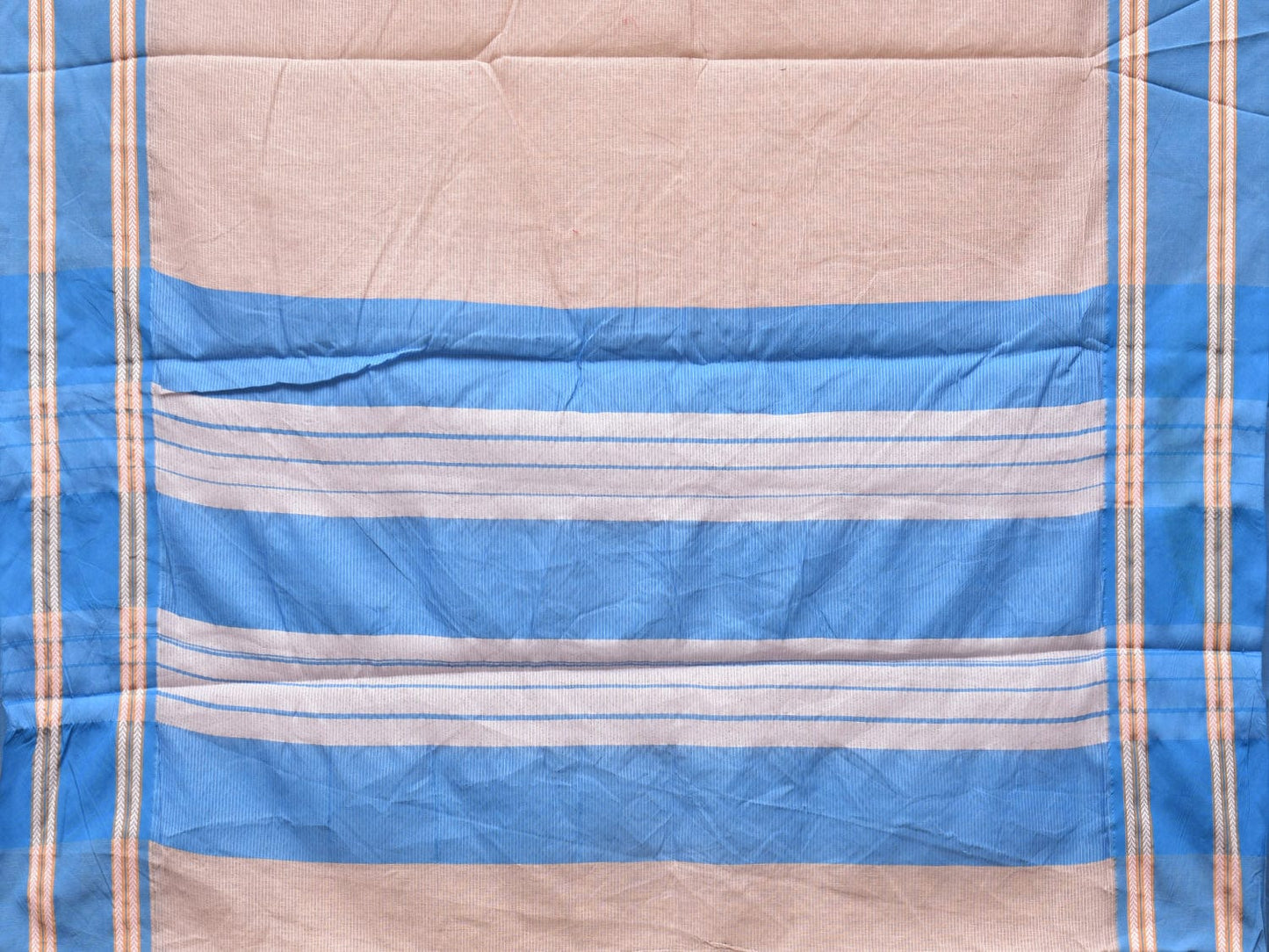 Cream and Blue Bamboo Cotton Saree with Strips Design No Blouse bc0212