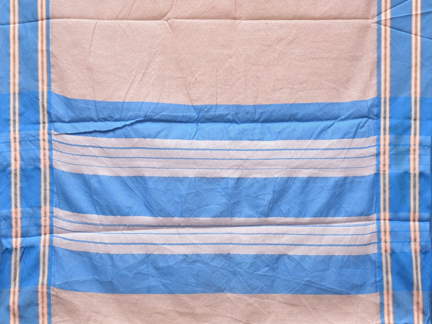 Cream and Blue Bamboo Cotton Saree with Strips Design No Blouse bc0212