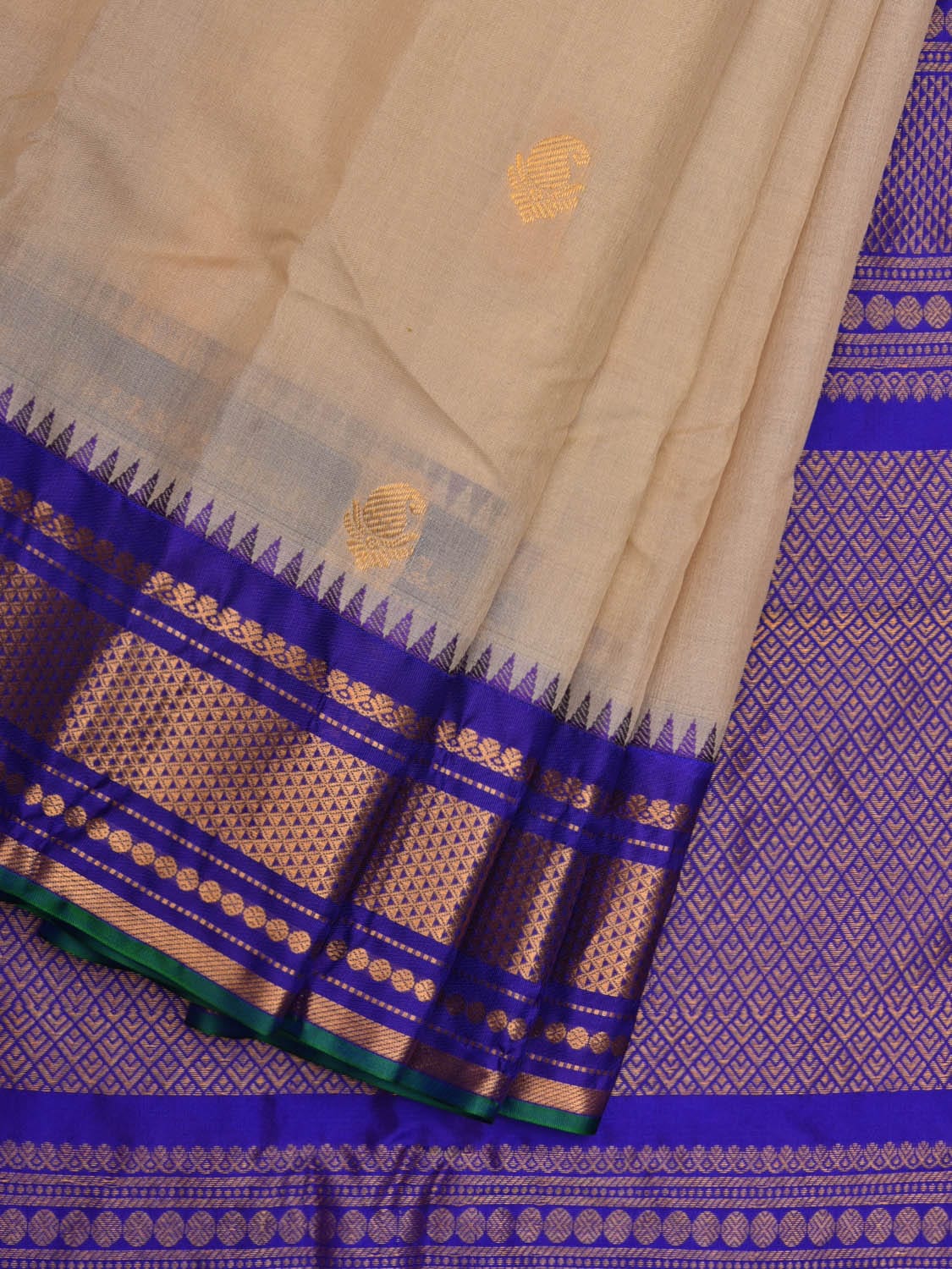 Cream and Blue Gadwal Silk Handloom Saree with Body Buta and Pallu Design g0299