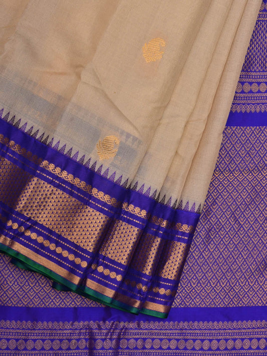 Cream and Blue Gadwal Silk Handloom Saree with Body Buta and Pallu Design g0299