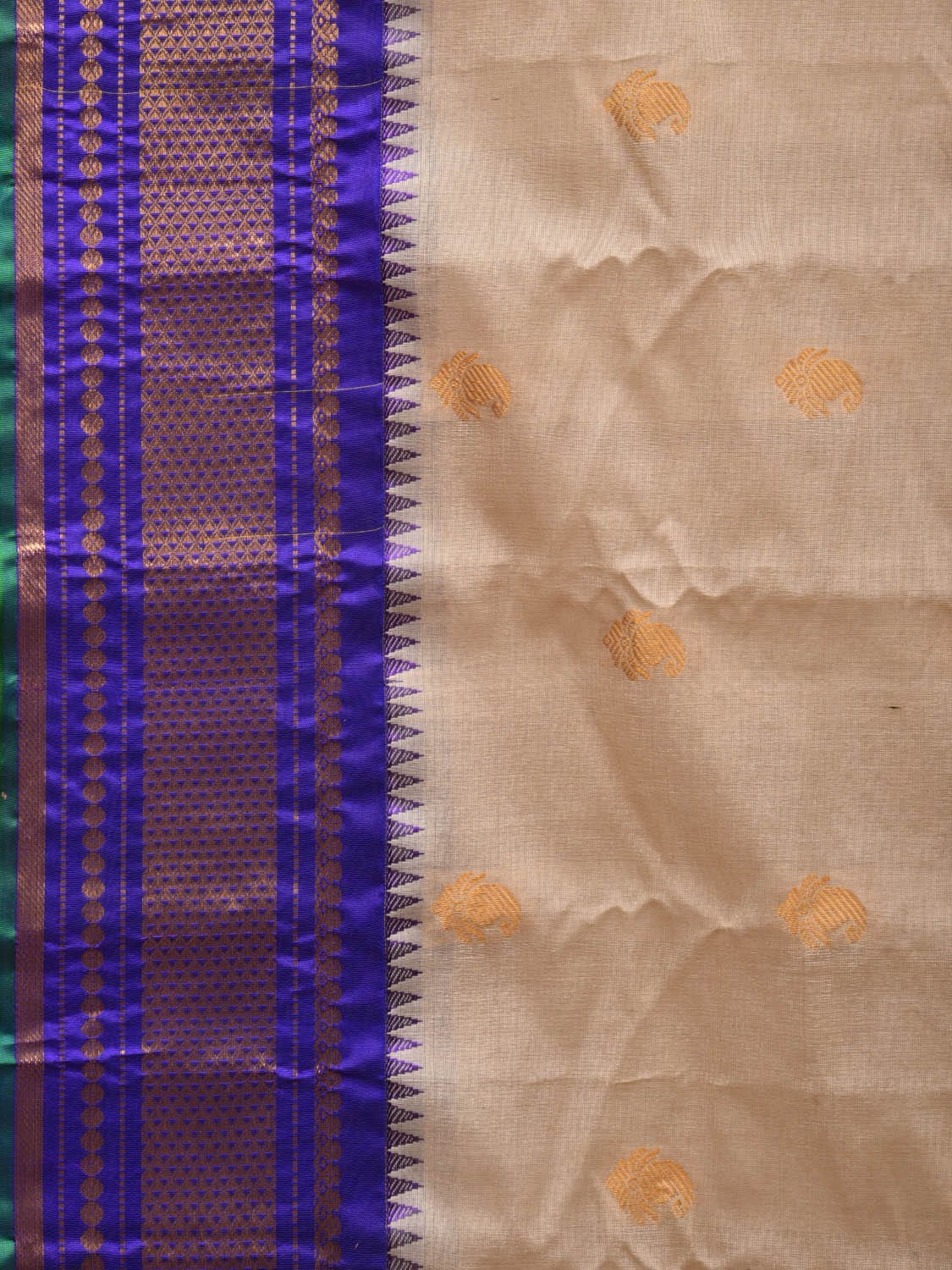 Cream and Blue Gadwal Silk Handloom Saree with Body Buta and Pallu Design g0299