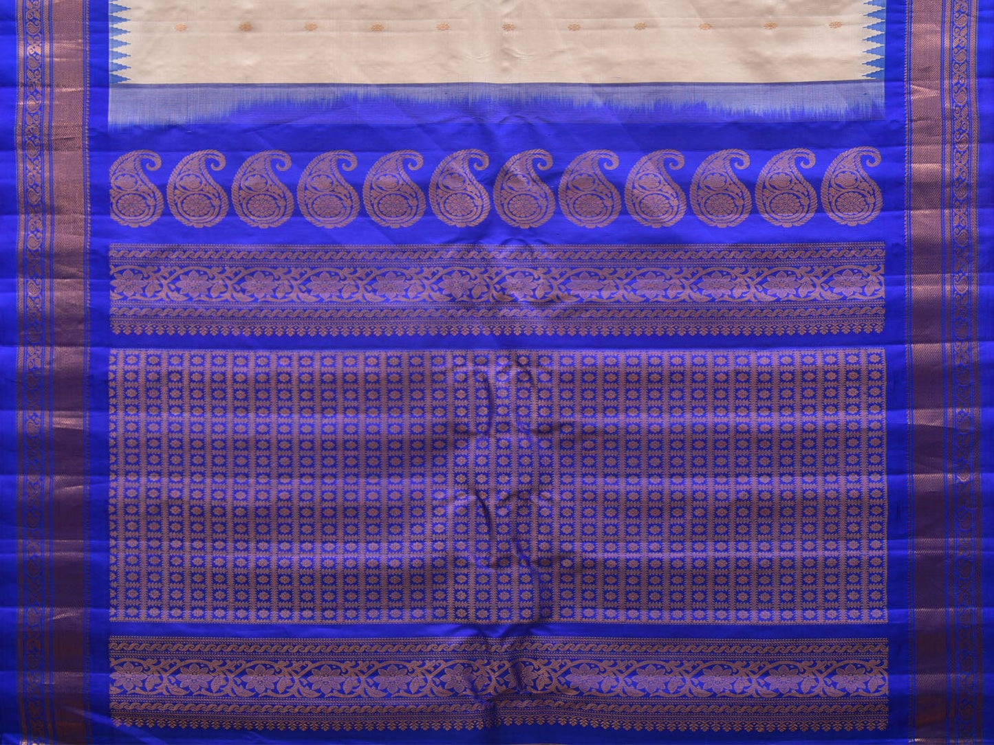 Cream and Blue Gadwal Silk Handloom Saree with Mango Pallu Design g0317