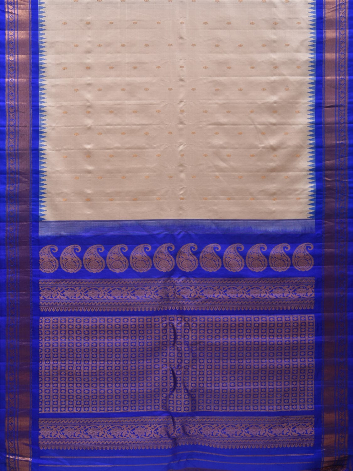 Cream and Blue Gadwal Silk Handloom Saree with Mango Pallu Design g0317