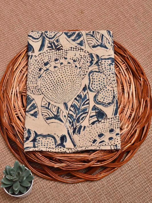 Cream and Blue Kalamkari Block Print Cotton Blouse with Floral Design Length 1mt Width 44 Inches BL0124