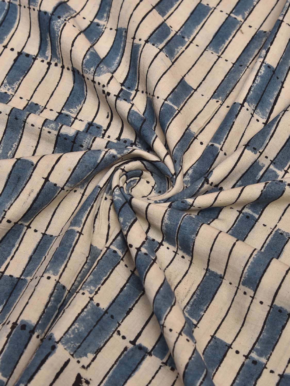 Cream and Blue Kalamkari Block Print Cotton Blouse with Geometric Design Length 1mt Width 44 Inches BL0123