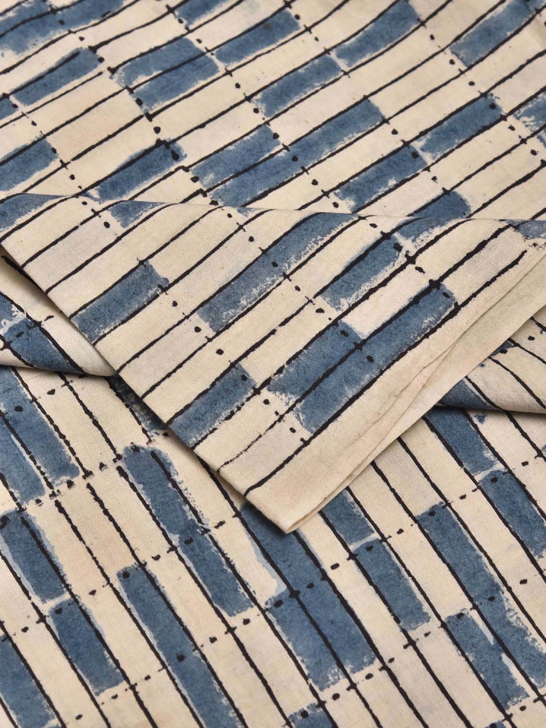 Cream and Blue Kalamkari Block Print Cotton Blouse with Geometric Design Length 1mt Width 44 Inches BL0123