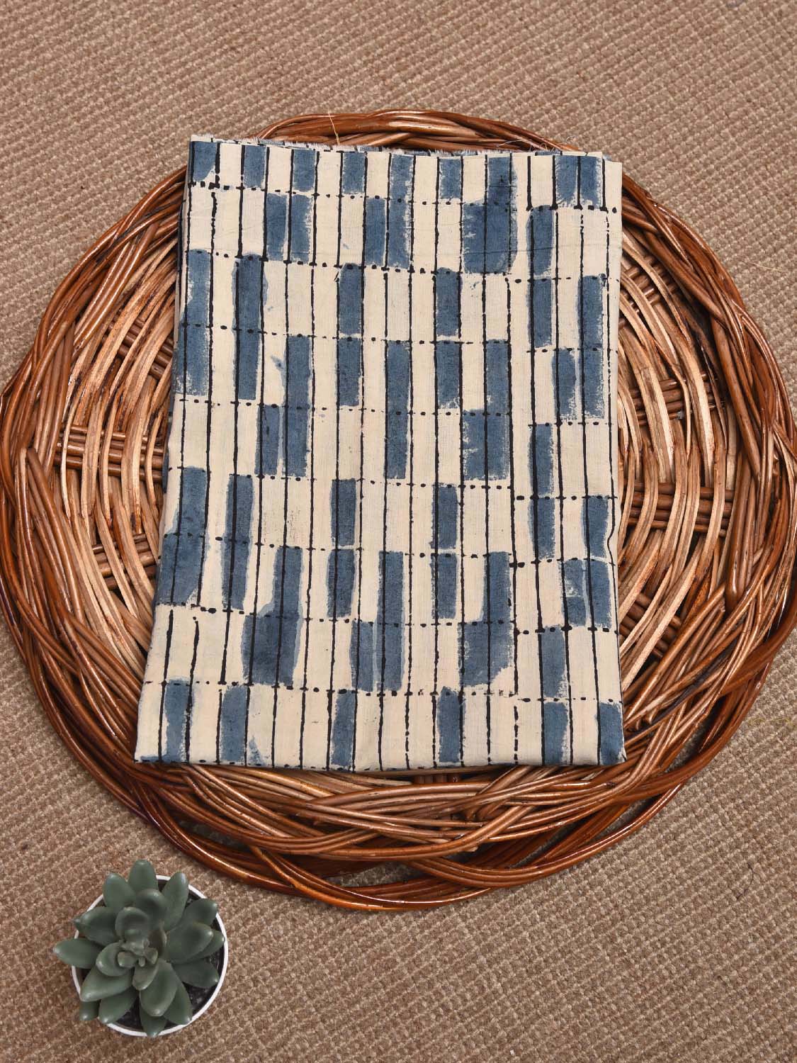 Cream and Blue Kalamkari Block Print Cotton Blouse with Geometric Design Length 1mt Width 44 Inches BL0123