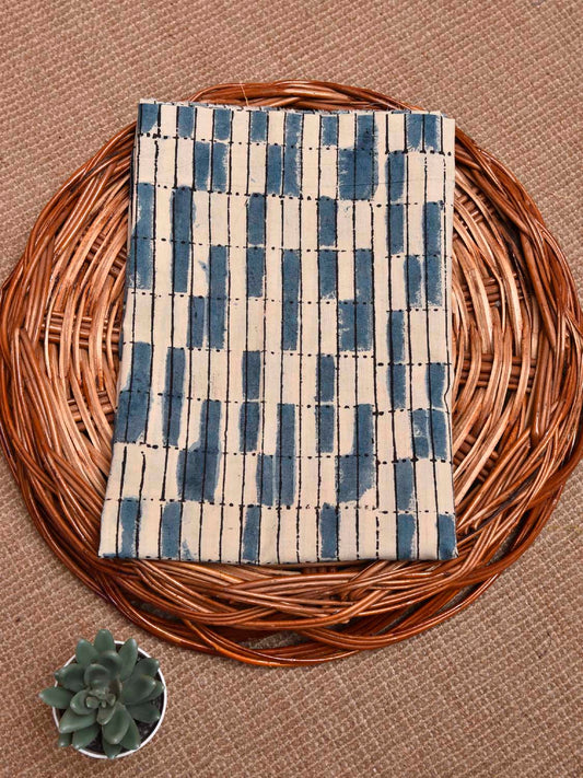 Cream and Blue Kalamkari Block Print Cotton Blouse with Geometric Design Length 1mt Width 44 Inches BL0123