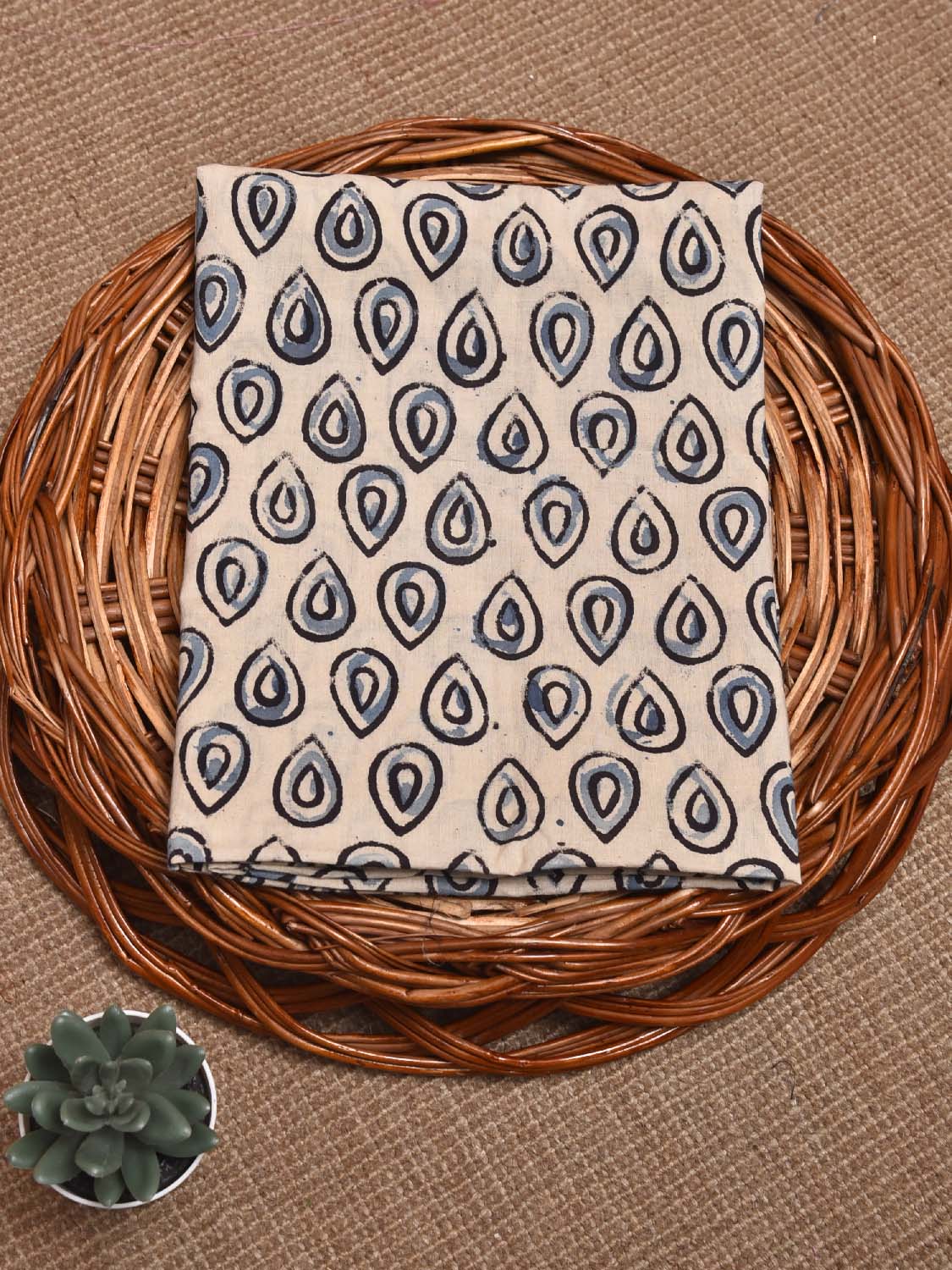 Cream and Blue Kalamkari Block Print Cotton Blouse with Small Buta Design Length 1mt Width 44 Inches BL0129