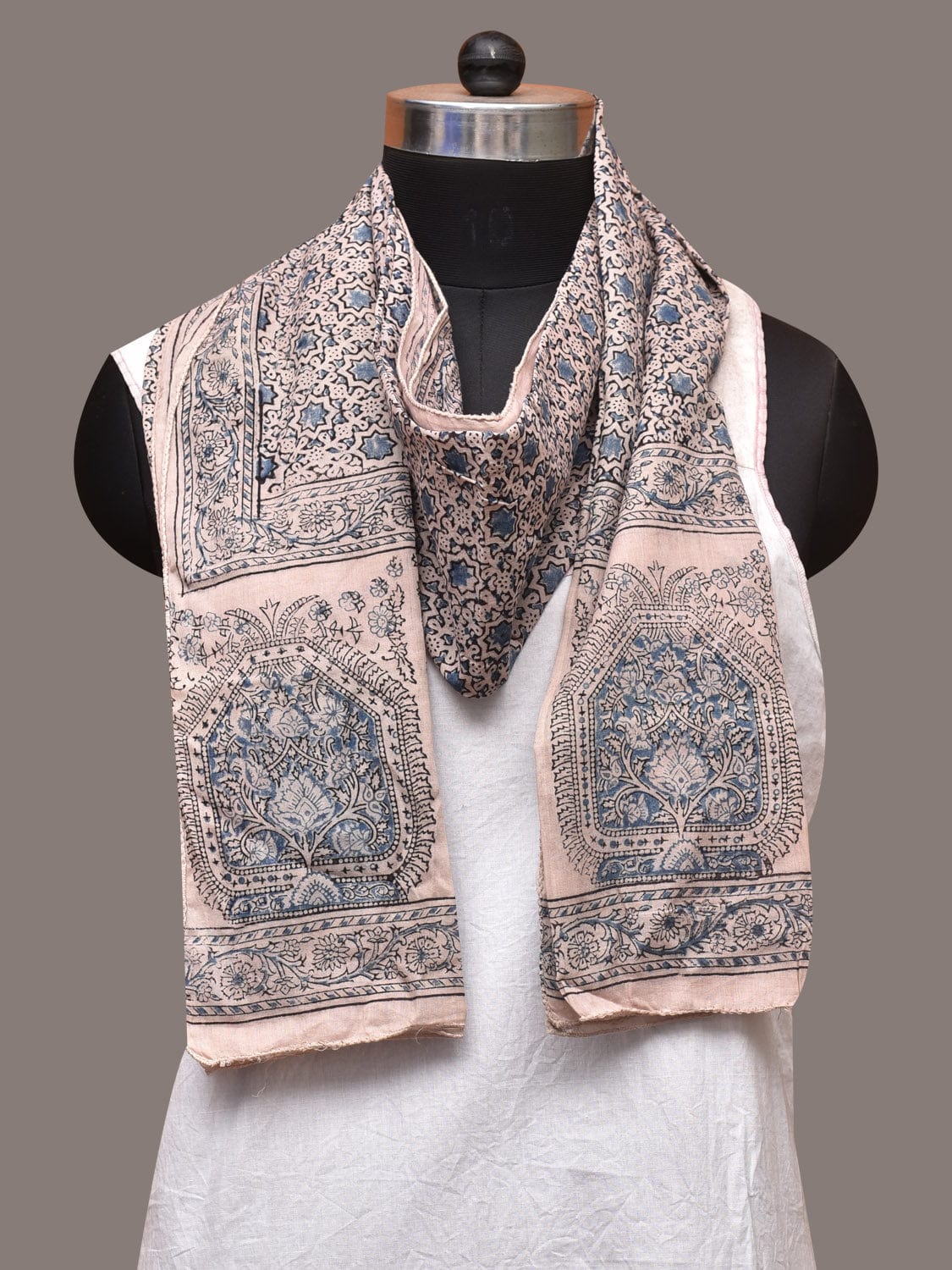 Cream and Blue Kalamkari Block Print Cotton Silk Stole with Geometric Design ds3385