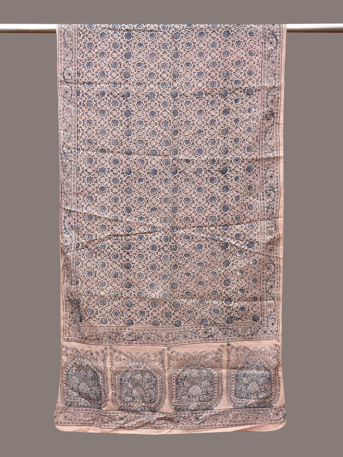 Cream and Blue Kalamkari Block Print Cotton Silk Stole with Geometric Design ds3385