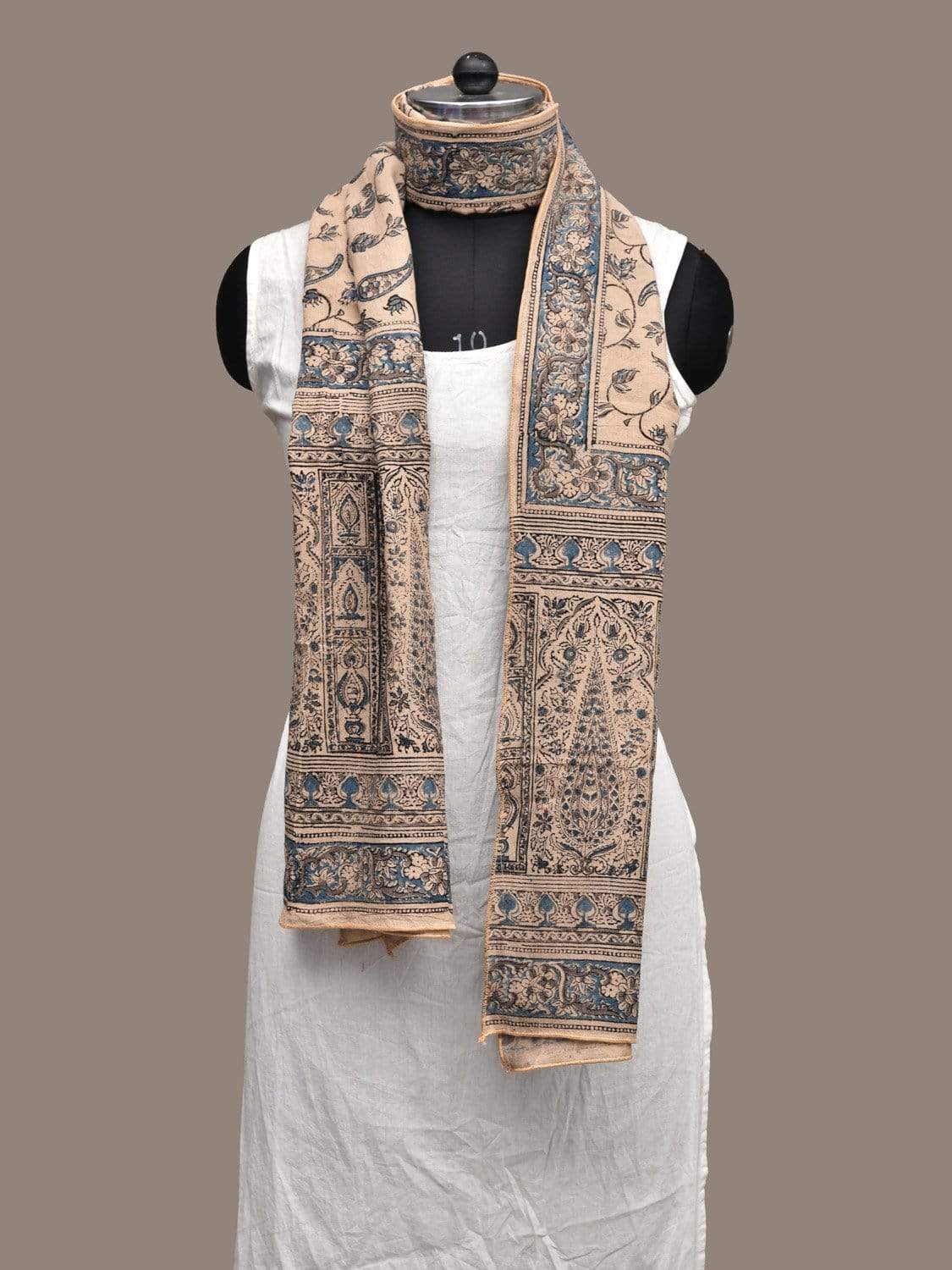 Cream and Blue Kalamkari Block Printed Cotton Handloom Stole ds2241