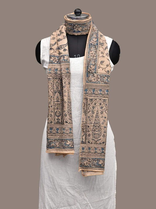 Cream and Blue Kalamkari Block Printed Cotton Handloom Stole ds2241