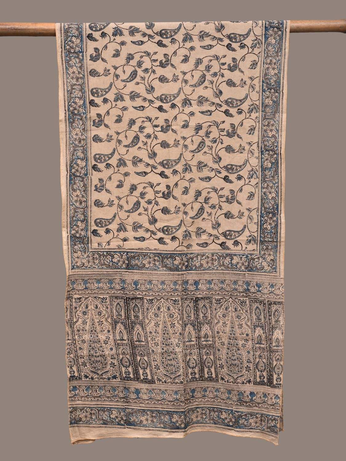 Cream and Blue Kalamkari Block Printed Cotton Handloom Stole ds2241