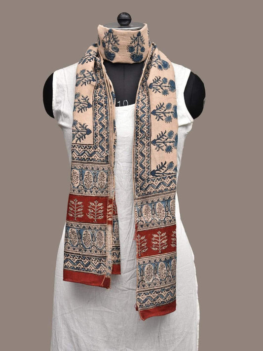Cream and Blue Kalamkari Block Printed Cotton Handloom Stole ds2242