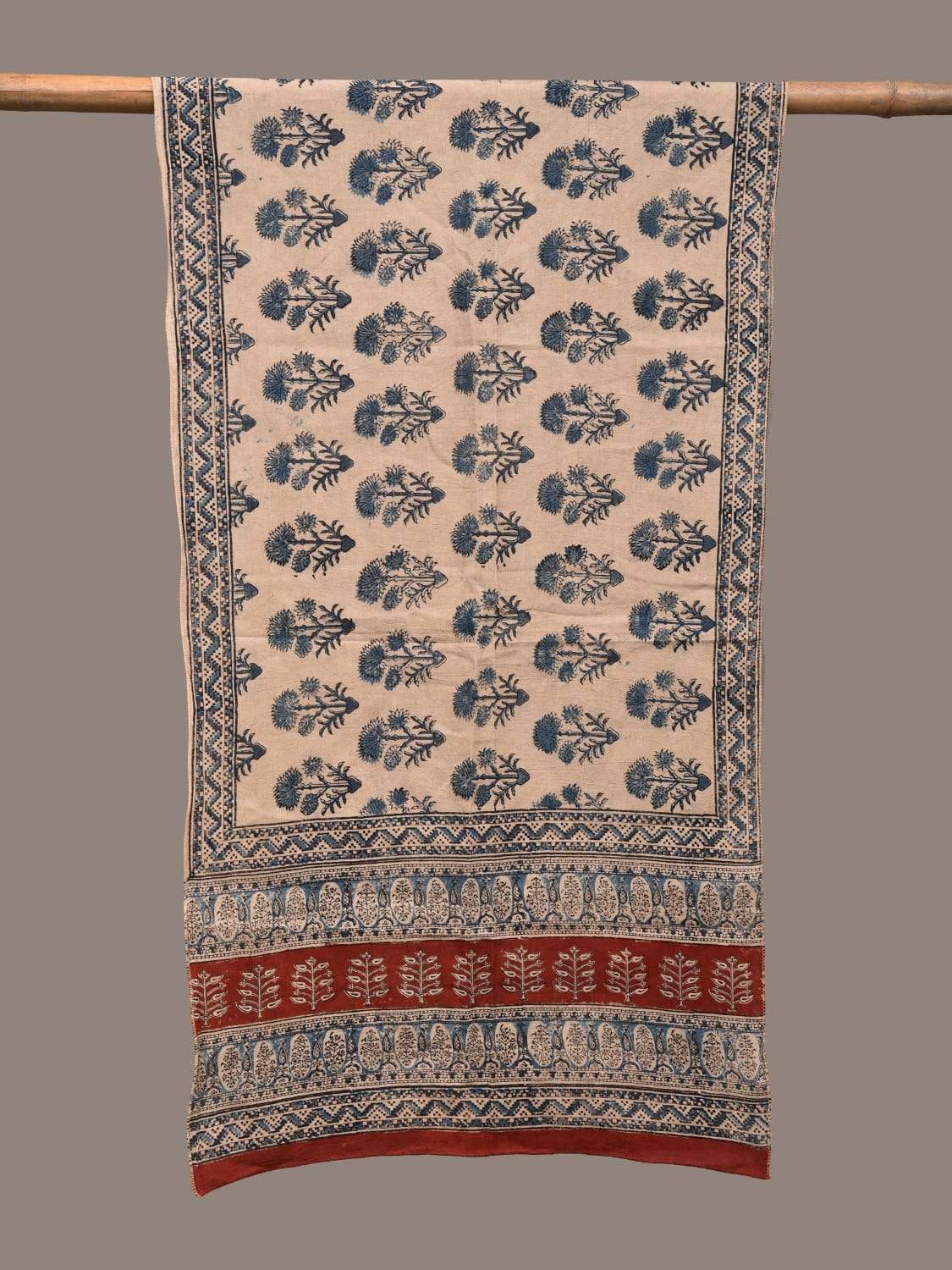 Cream and Blue Kalamkari Block Printed Cotton Handloom Stole ds2242