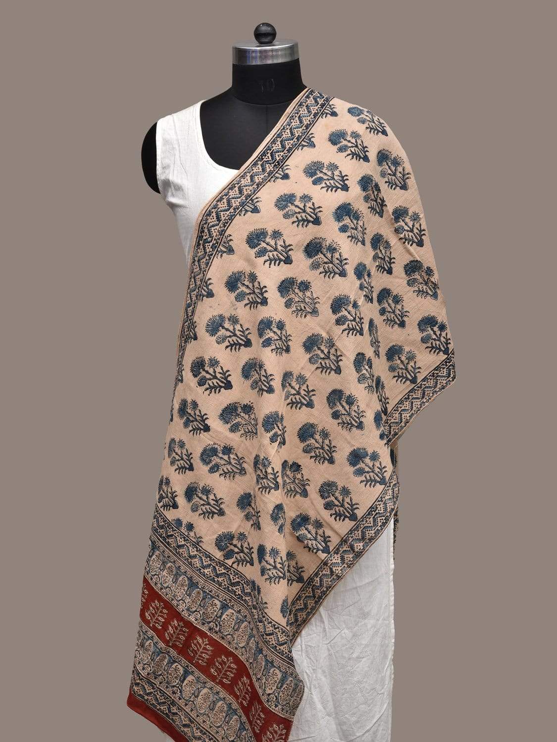 Cream and Blue Kalamkari Block Printed Cotton Handloom Stole ds2242
